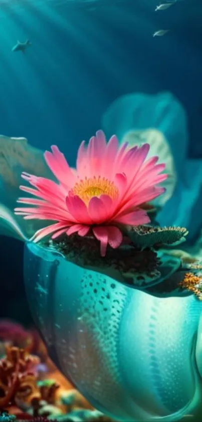 Vibrant underwater wallpaper with pink flower and aqua hues.