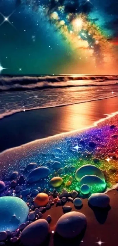 Colorful galaxy beach scene with vibrant ocean waves and starry night sky.