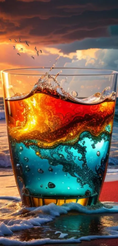 Vibrant ocean waves in a glass with a sunset backdrop on a mobile wallpaper.