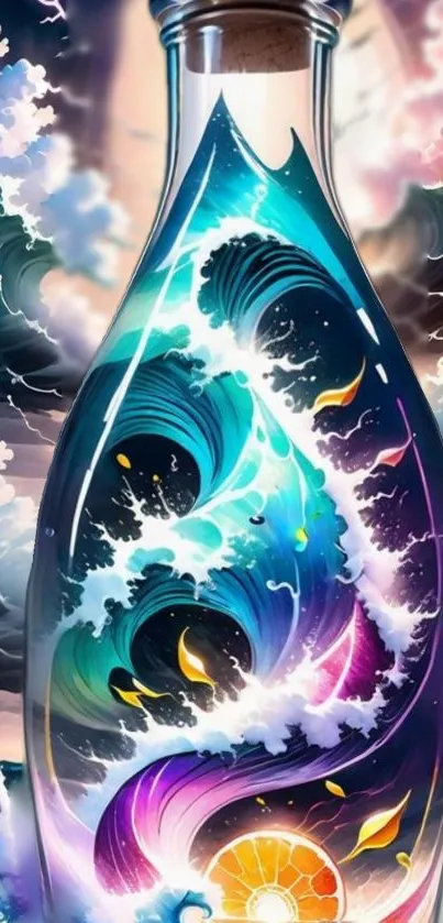 Vibrant ocean scene inside a glass bottle in artistic wallpaper.