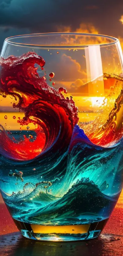 Vibrant ocean waves captured in a glass with a sunset backdrop.