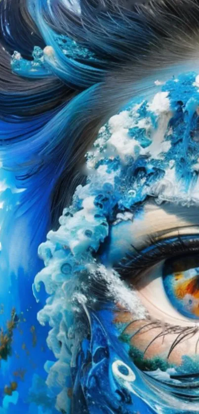 Abstract ocean-themed art with vivid blue waves encompassing an eye.