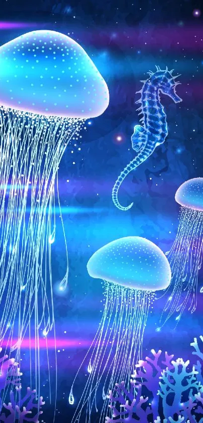 Luminous blue jellyfish and seahorse in ocean wallpaper.