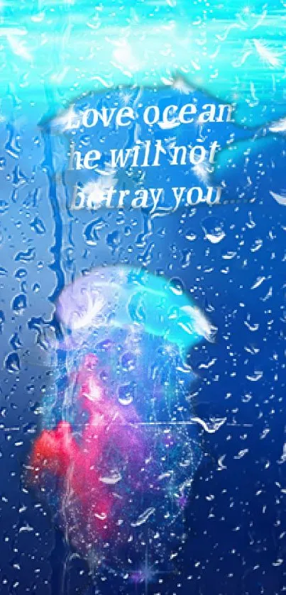 Jellyfish with vibrant colors under ocean water with quote.