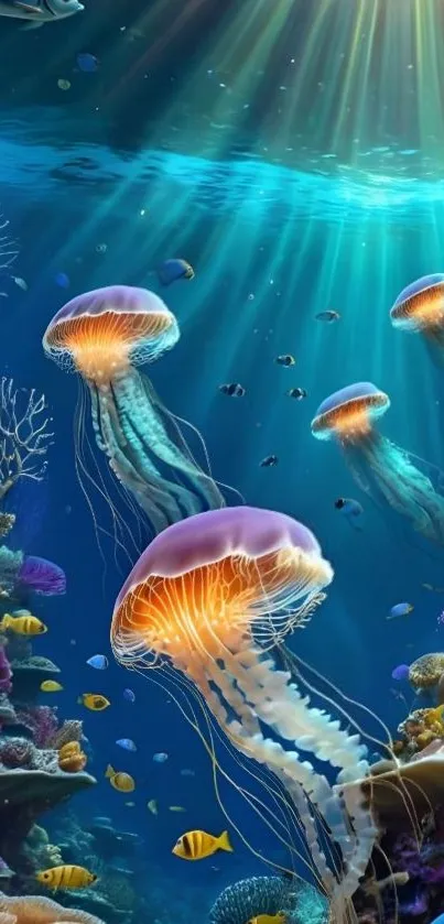 Colorful underwater jellyfish and coral wallpaper.