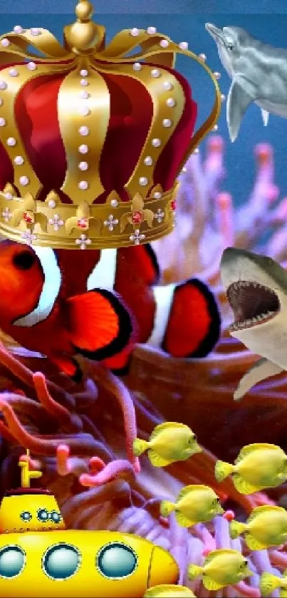 Clownfish with crown in vibrant ocean wallpaper.