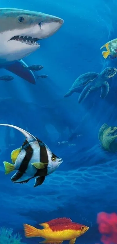 Vibrant ocean wallpaper featuring fish, turtles, and a shark in a blue sea scene.