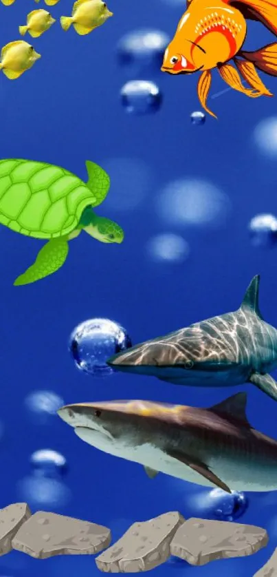 Colorful marine life with fish, turtle, and sharks on a blue ocean wallpaper.