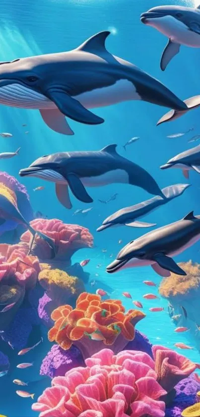 Colorful underwater scene with dolphins and corals.