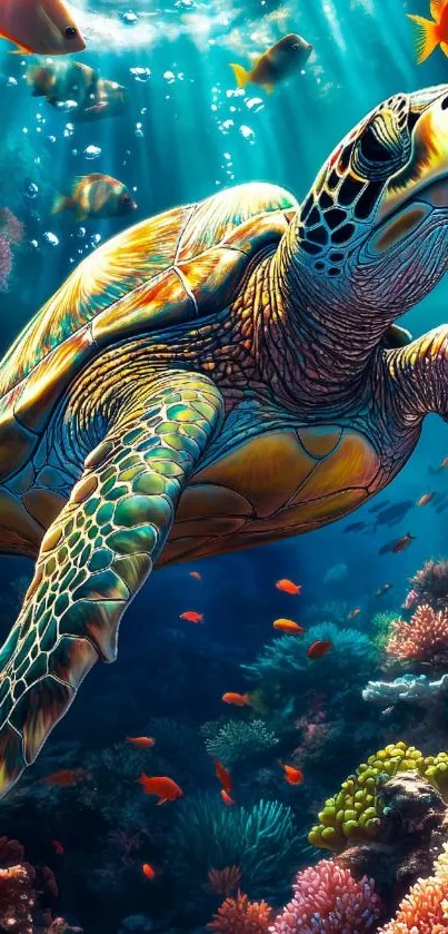 A vivid sea turtle swimming in a colorful underwater coral reef.