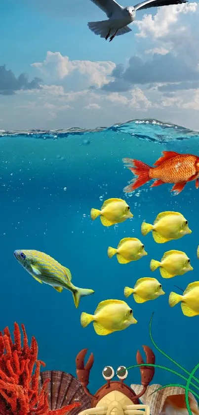 Vibrant underwater scene with fish and seagull.