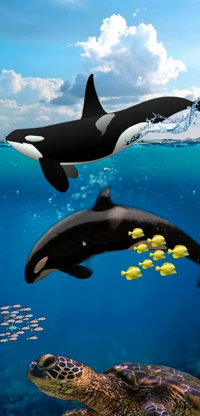 Majestic orcas swimming with vibrant fish and a sea turtle in a blue ocean.