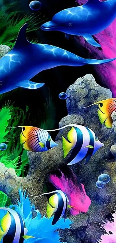 Colorful underwater scene with dolphins and tropical fish.