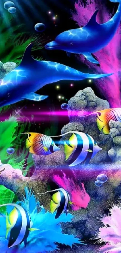 Colorful underwater scene with dolphins and fish.