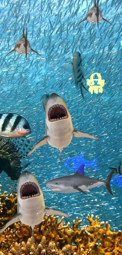 Animated sharks in vibrant ocean scene wallpaper.