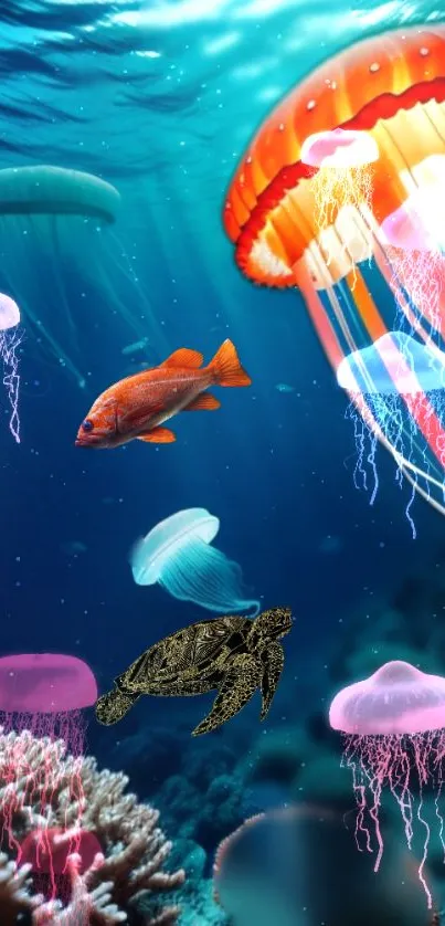 Colorful underwater scene with jellyfish, turtle, and fish.