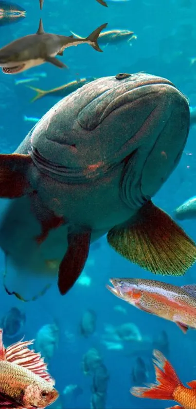 Vibrant underwater scene with colorful fish in a blue ocean setting.