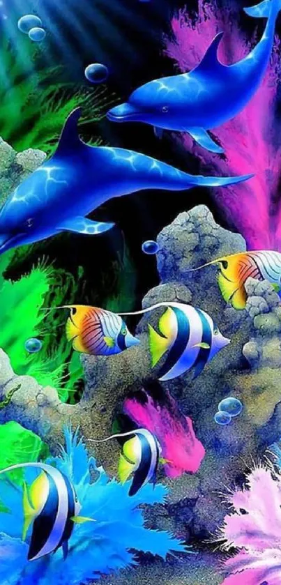 Colorful ocean scene with dolphins and fish in a vibrant underwater setting.