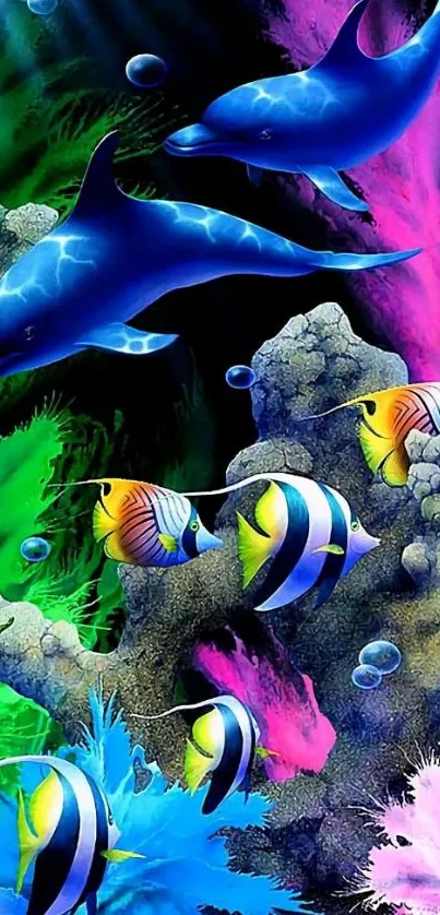 Colorful dolphins and fish swim in a vibrant ocean scene.