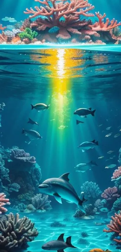 Vibrant ocean scene with dolphins and coral.