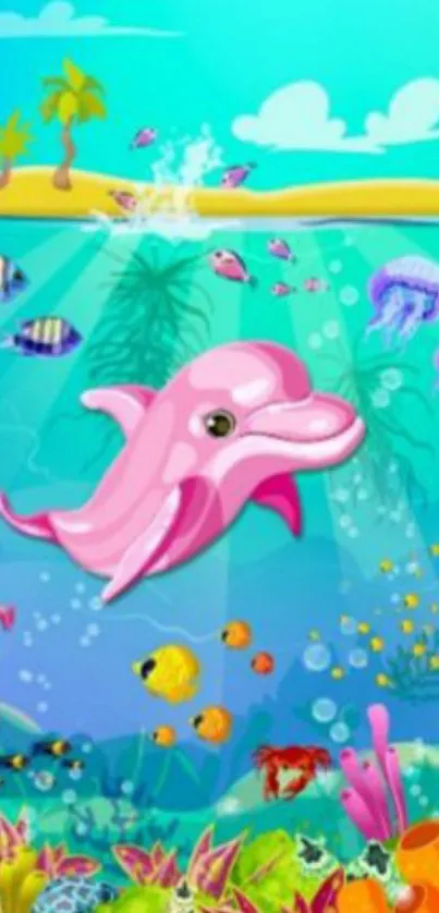 Colorful underwater scene with pink dolphin.