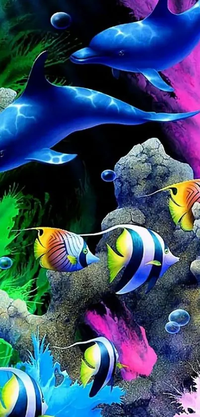 Colorful underwater scene with dolphins and tropical fish.