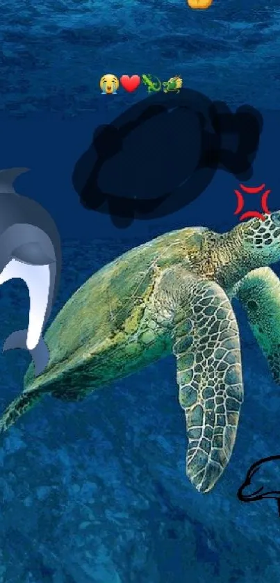 Mobile wallpaper featuring sea turtle and dolphins in deep ocean.