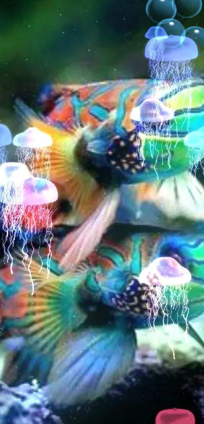 Colorful fish and jellyfish in an ocean-themed mobile wallpaper.