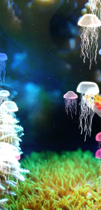 Vibrant fish swimming among colorful corals in ocean wallpaper.