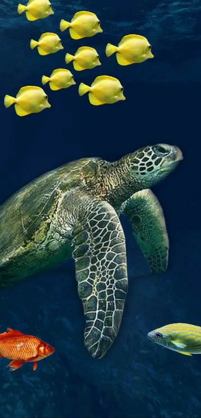 Sea turtle swimming with colorful fish in dark blue ocean.