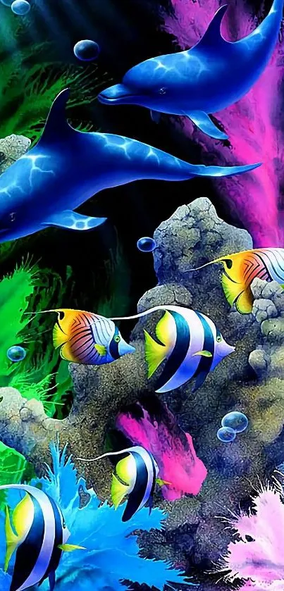 Colorful ocean scene with dolphins and fish, featuring blue and vibrant hues.