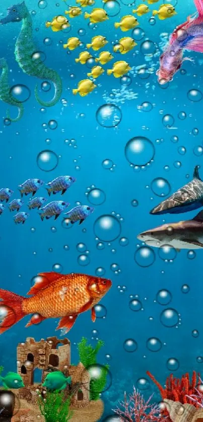 Colorful underwater marine life wallpaper with vivid fish and bubbles.