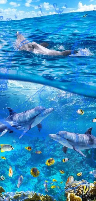 Dolphins swimming in vibrant ocean with coral reef and fish.