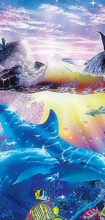 Colorful marine life with dolphins and a whale breaching.