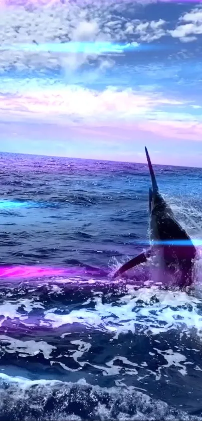 A marlin leaps from the vibrant blue ocean under a colorful sky.