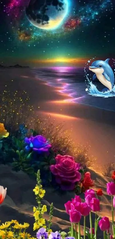 Beach nightscape with flowers and dolphin
