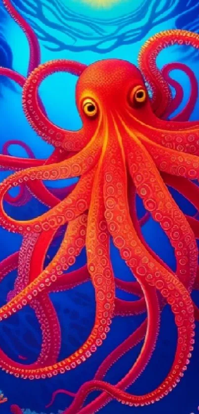 Vibrant red octopus in a blue ocean background with coral.