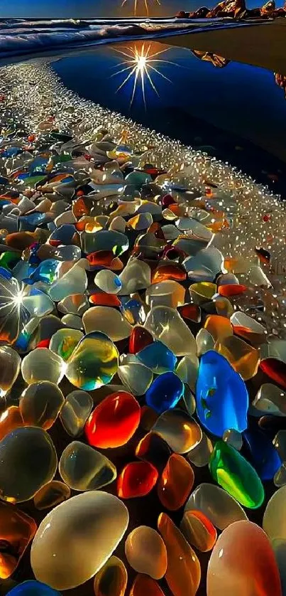 Vibrant ocean pebbles reflecting sunlight on a serene beach.