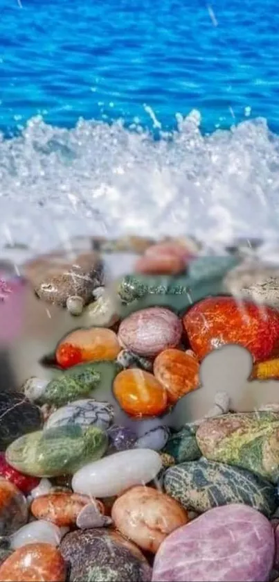 Colorful ocean pebbles with waves crashing over.