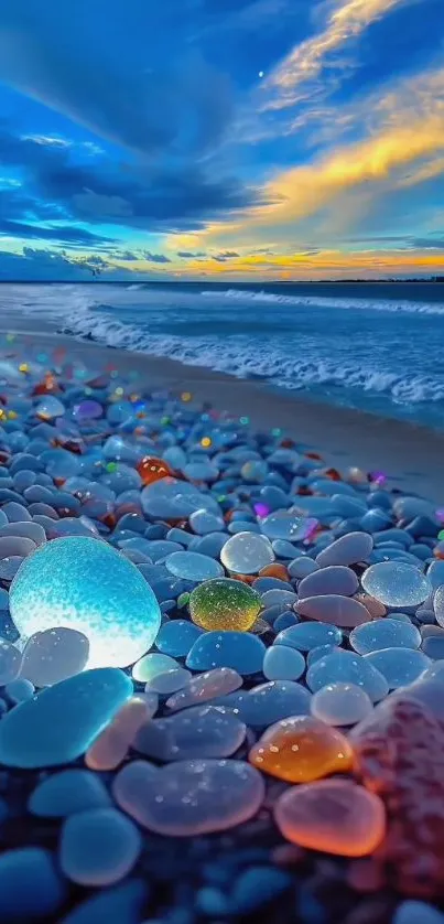 Colorful pebbles on the beach at sunset with a vibrant ocean view.