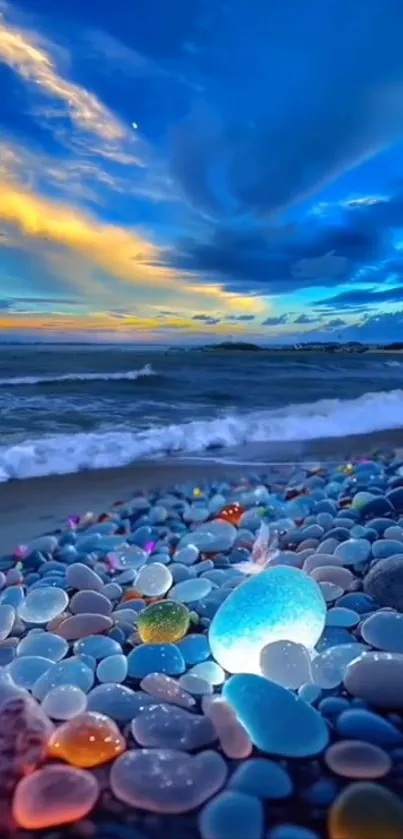 Vibrant ocean view with glowing pebbles and colorful sunset on the beach.