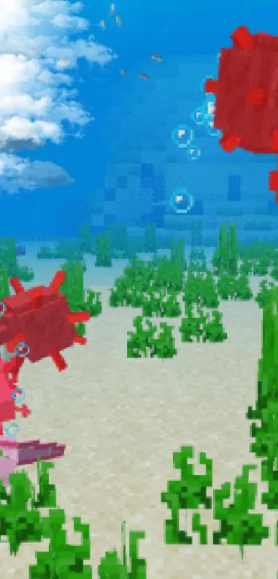 Pixelated aquatic creatures in a colorful underwater scene.