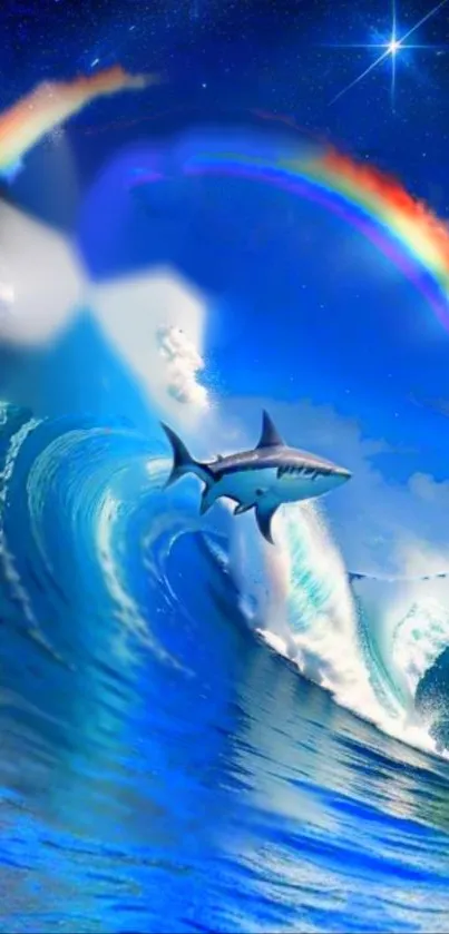 Shark leaps through vivid ocean waves under a beautiful rainbow in the sky.