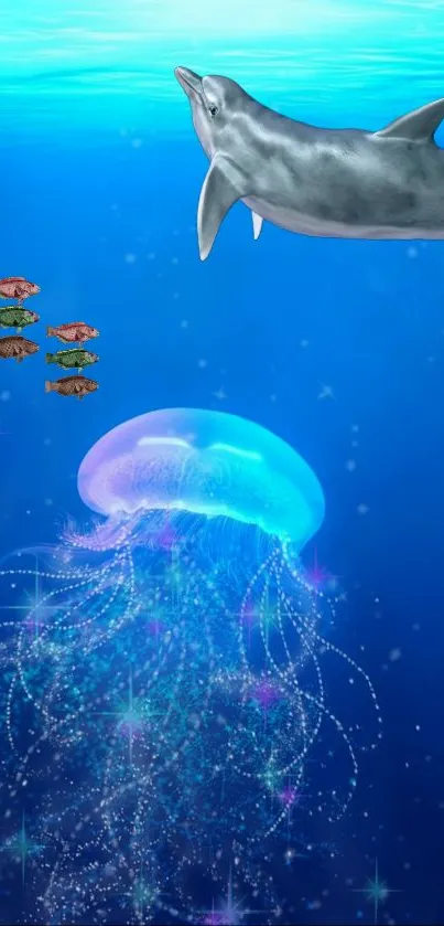 Vibrant ocean scene with dolphin, jellyfish, and fish in a blue underwater setting.