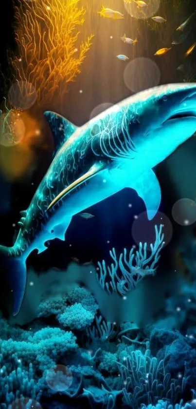 A vibrant shark swims in a vivid blue underwater scene.