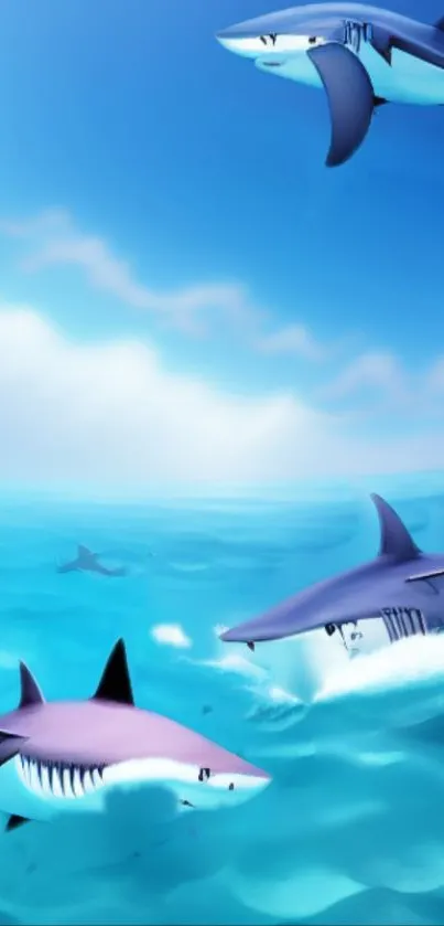 Vibrant ocean scene featuring sharks swimming in clear blue ocean water.