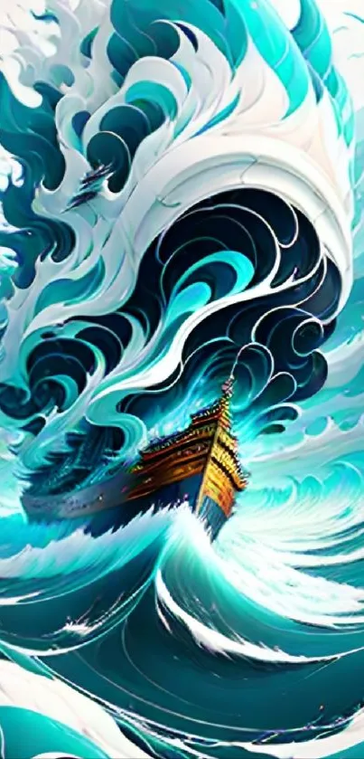 Artistic ship amidst swirling teal waves.