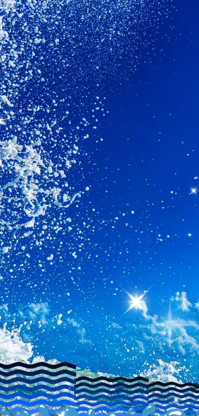 Dynamic ocean splash with stars in a vibrant blue sky background.