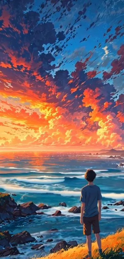 Person overlooking vibrant sunset ocean scene.