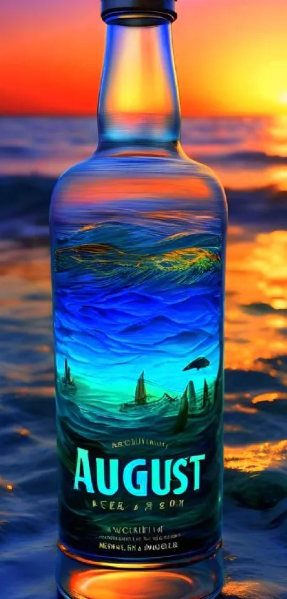 Colorful sunset reflecting on a decorative bottle by the ocean.